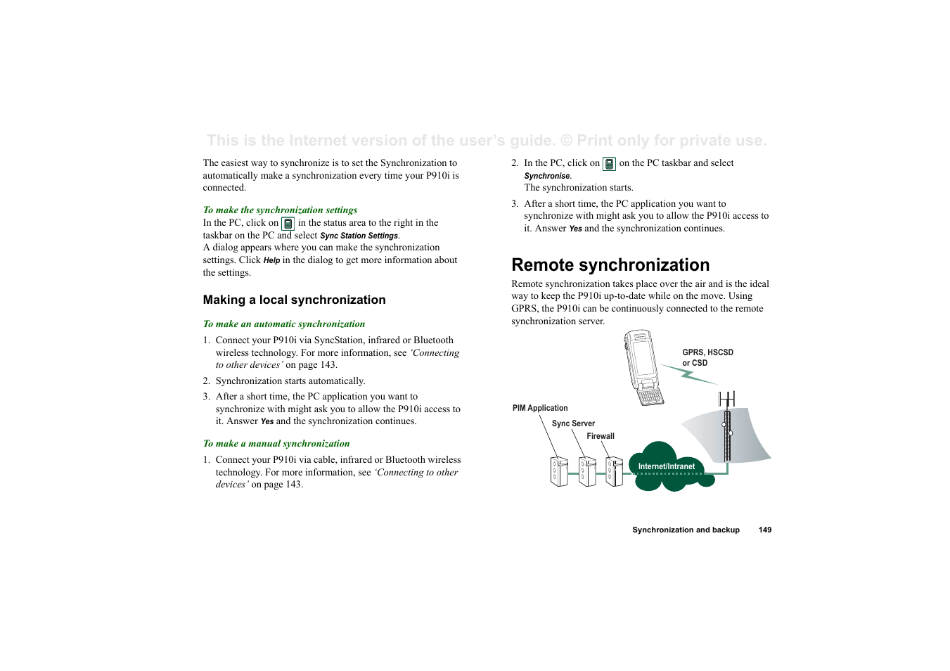Making a local synchronization, Remote synchronization | Superior P910I User Manual | Page 149 / 211