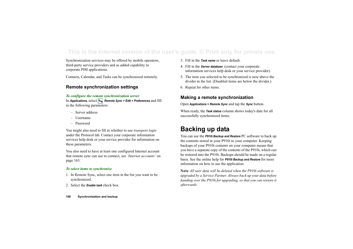 Remote synchronization settings, Making a remote synchronization, Backing up data | Superior P910I User Manual | Page 150 / 211