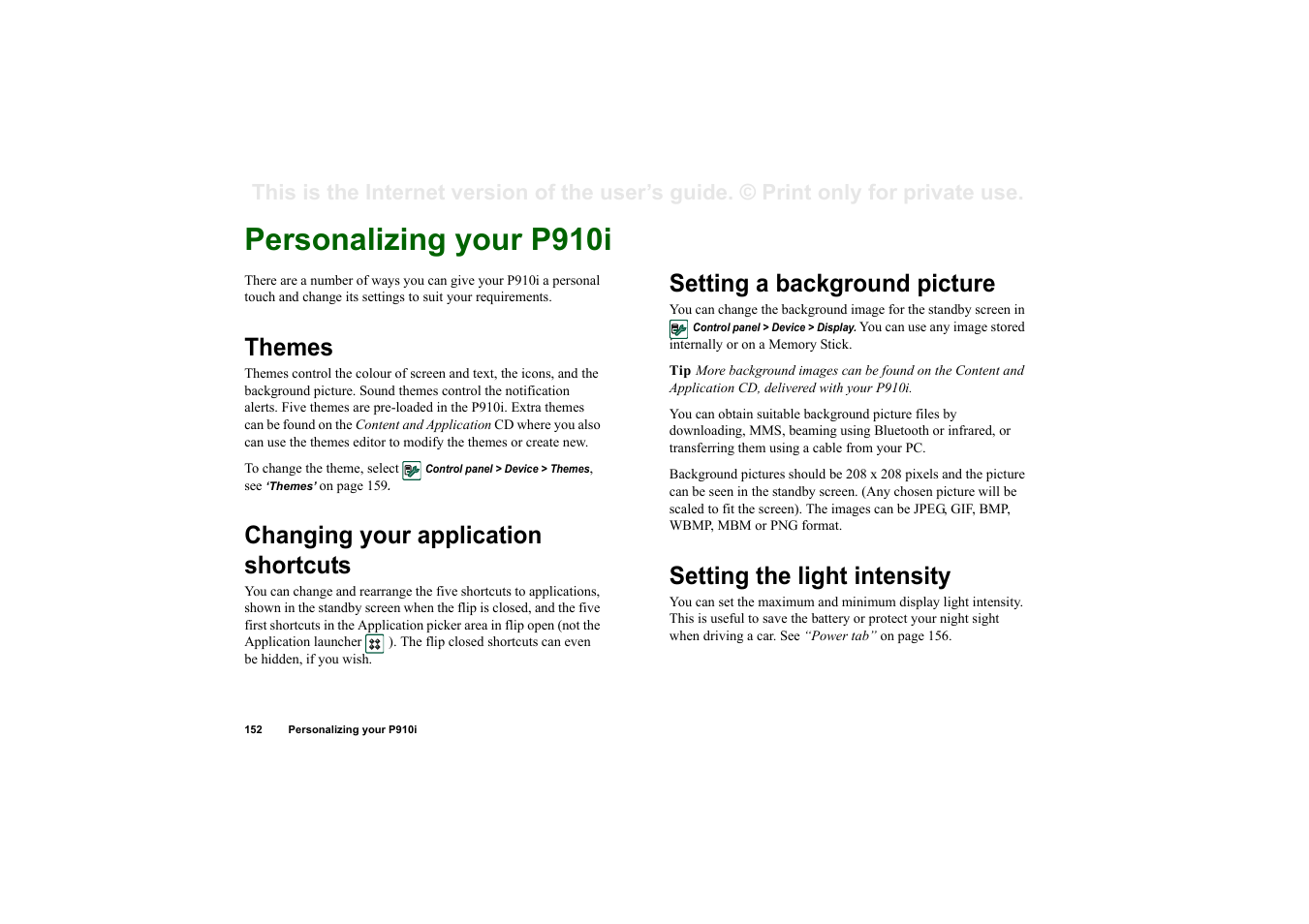 Settings, Personalizing your p910i, Themes | Changing your application shortcuts, Setting a background picture, Setting the light intensity, Ettings | Superior P910I User Manual | Page 152 / 211