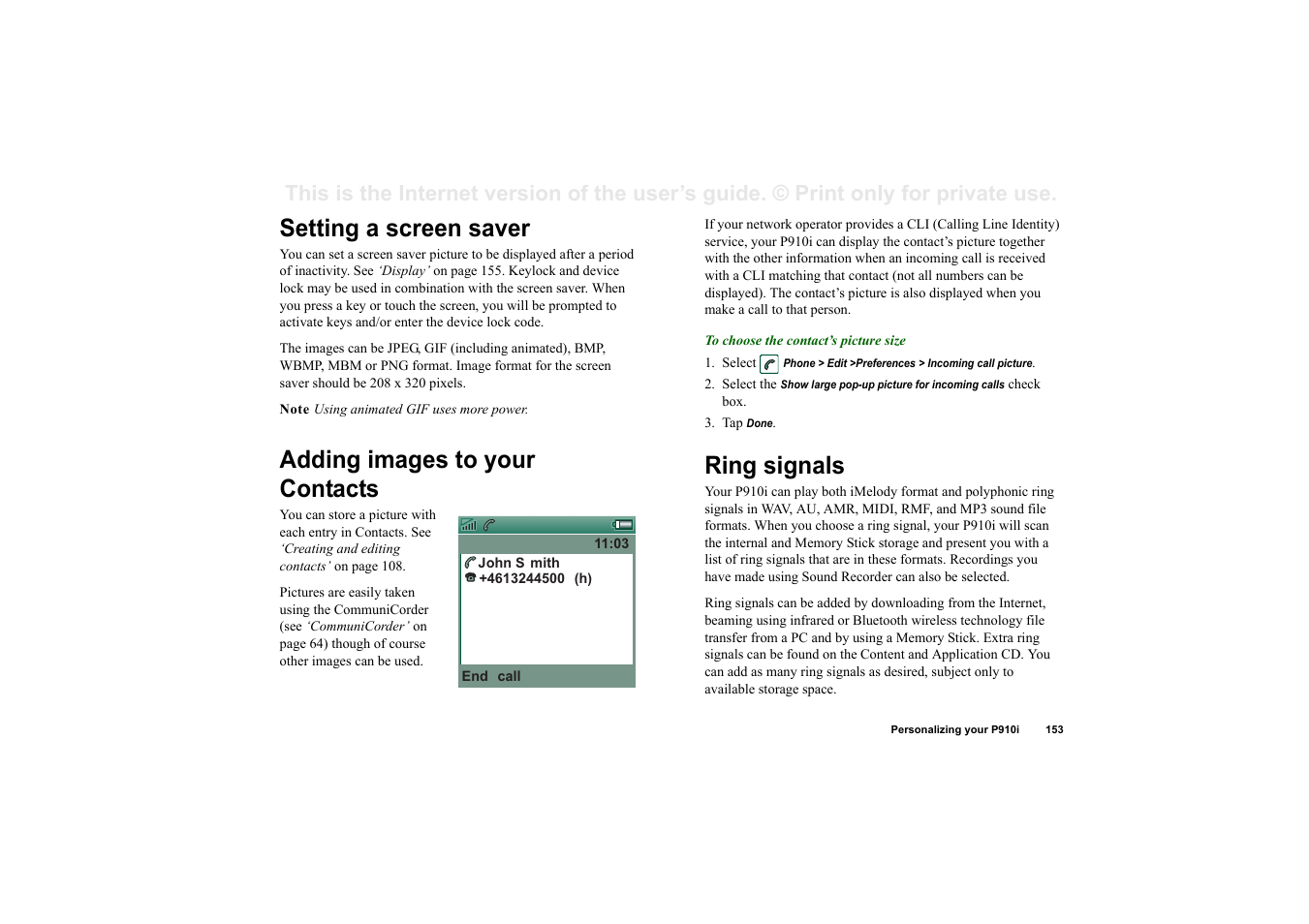 Setting a screen saver, Adding images to your contacts, Ring signals | Superior P910I User Manual | Page 153 / 211