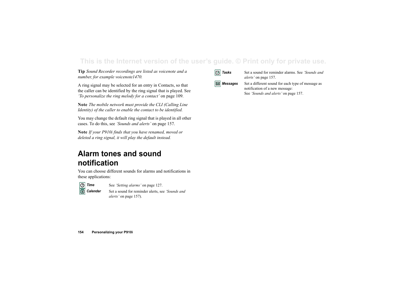 Alarm tones and sound notification | Superior P910I User Manual | Page 154 / 211