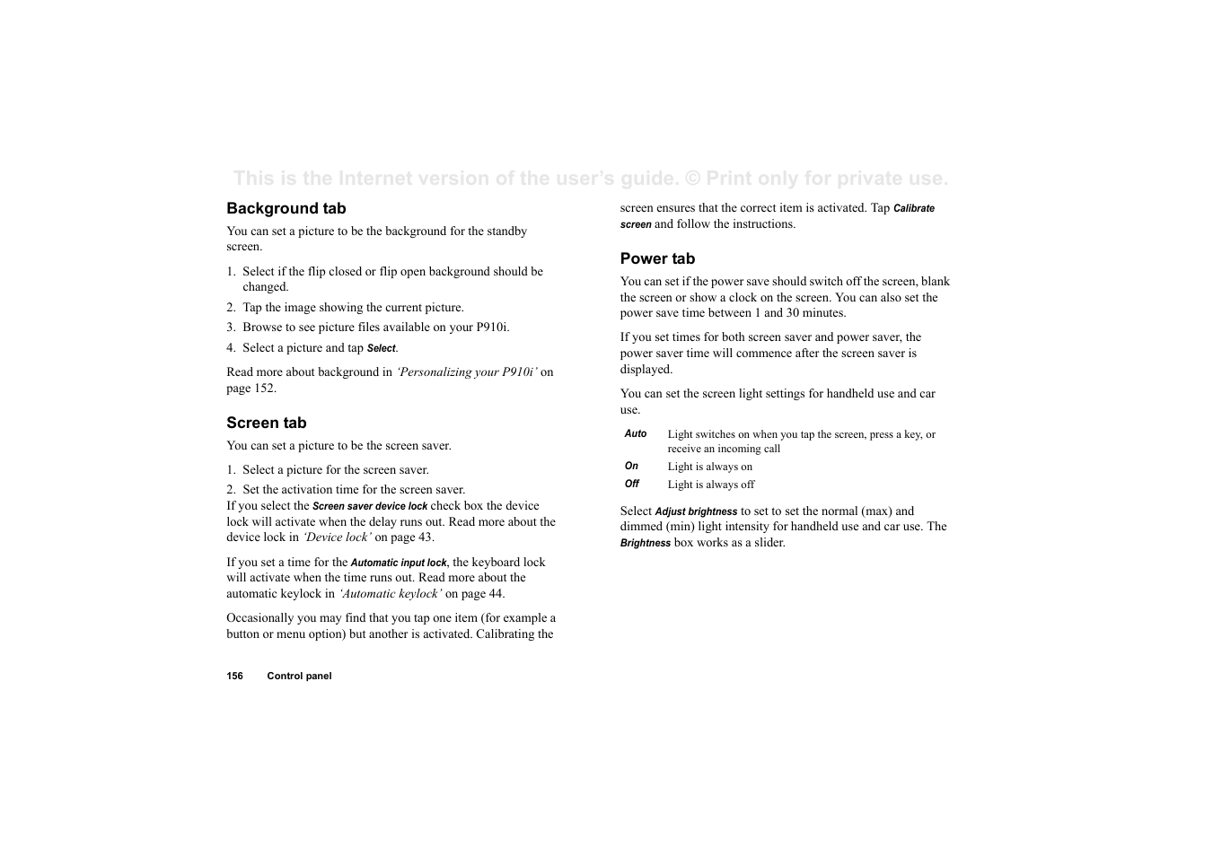 Background tab, Screen tab, Power tab | Superior P910I User Manual | Page 156 / 211