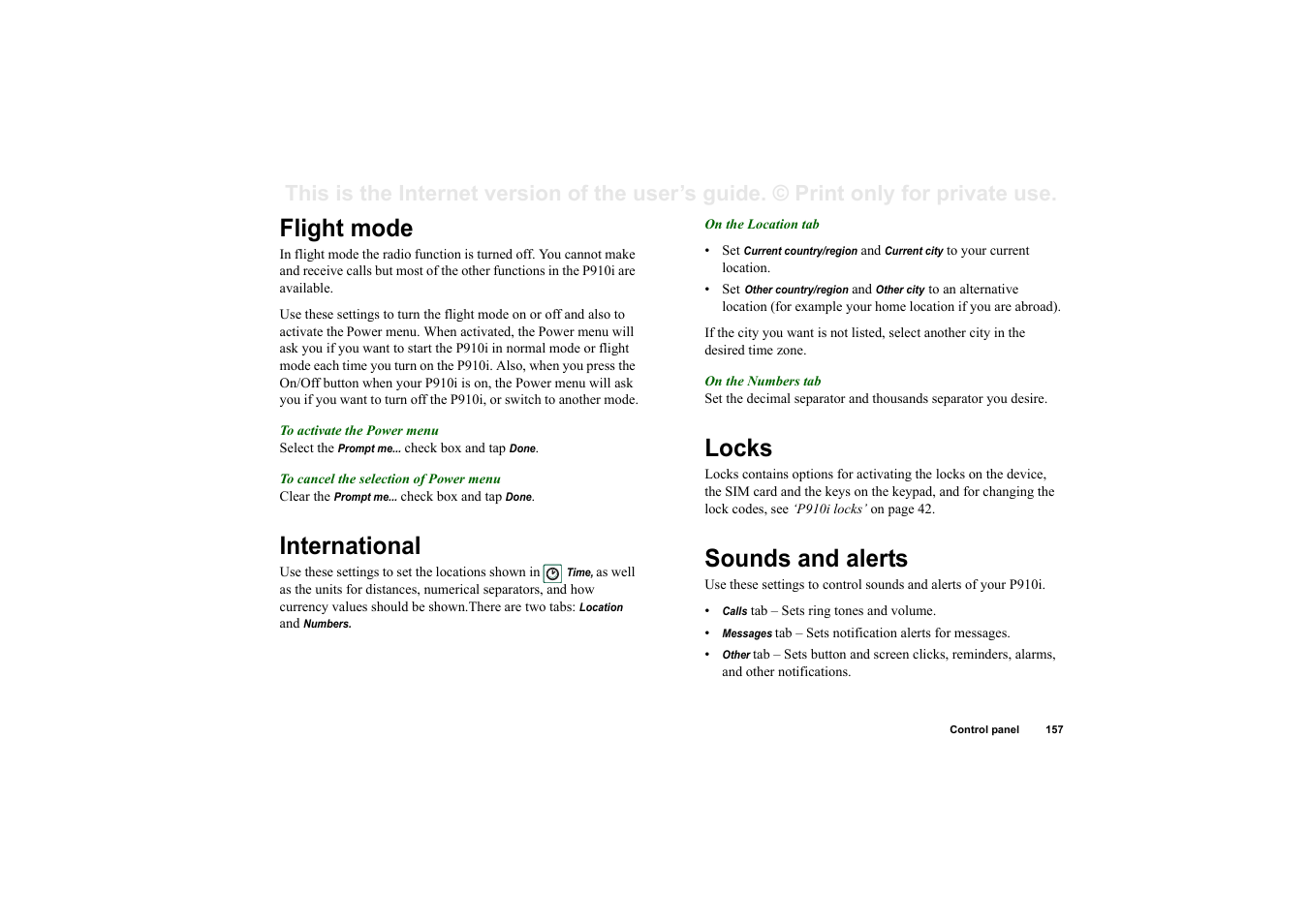 Flight mode, International, Locks | Sounds and alerts, Flight mode international locks sounds and alerts | Superior P910I User Manual | Page 157 / 211