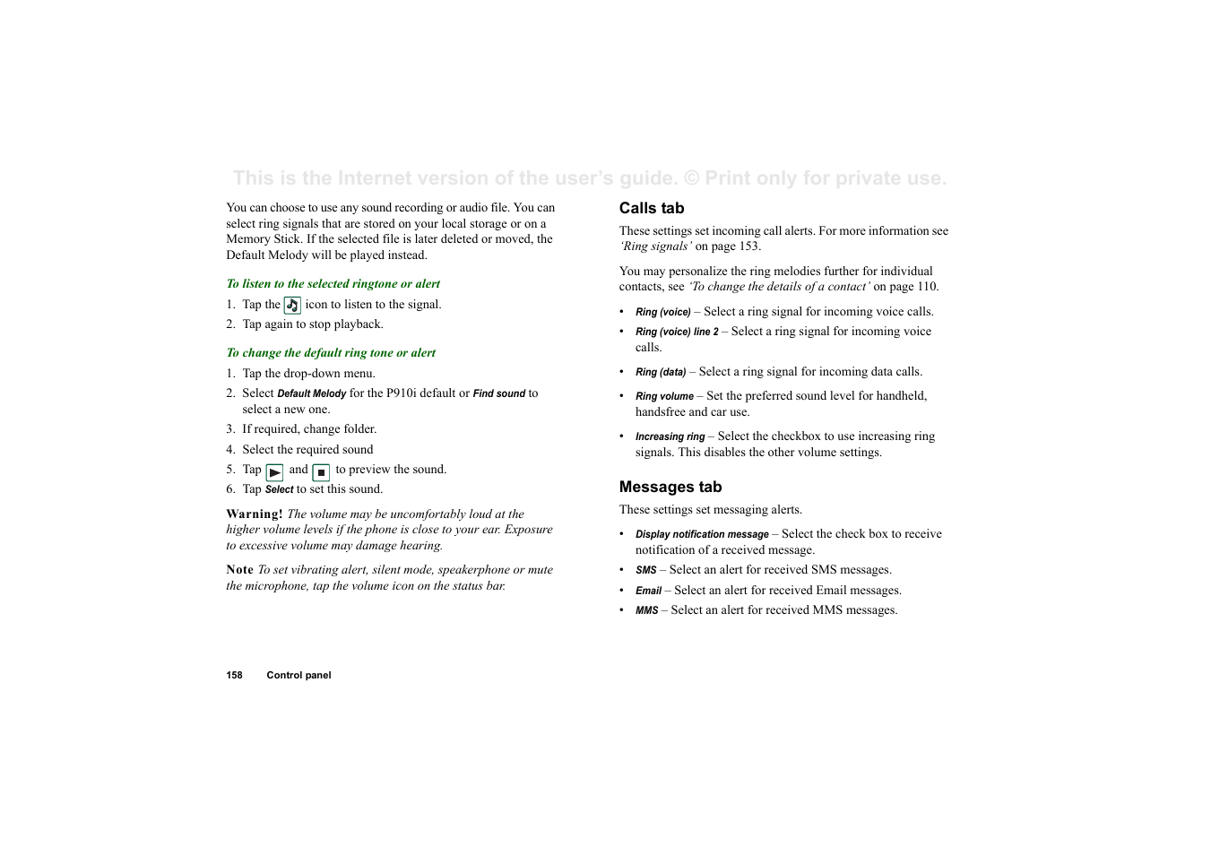 Calls tab, Messages tab | Superior P910I User Manual | Page 158 / 211