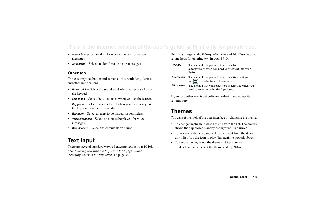 Other tab, Text input, Themes | Text input themes | Superior P910I User Manual | Page 159 / 211