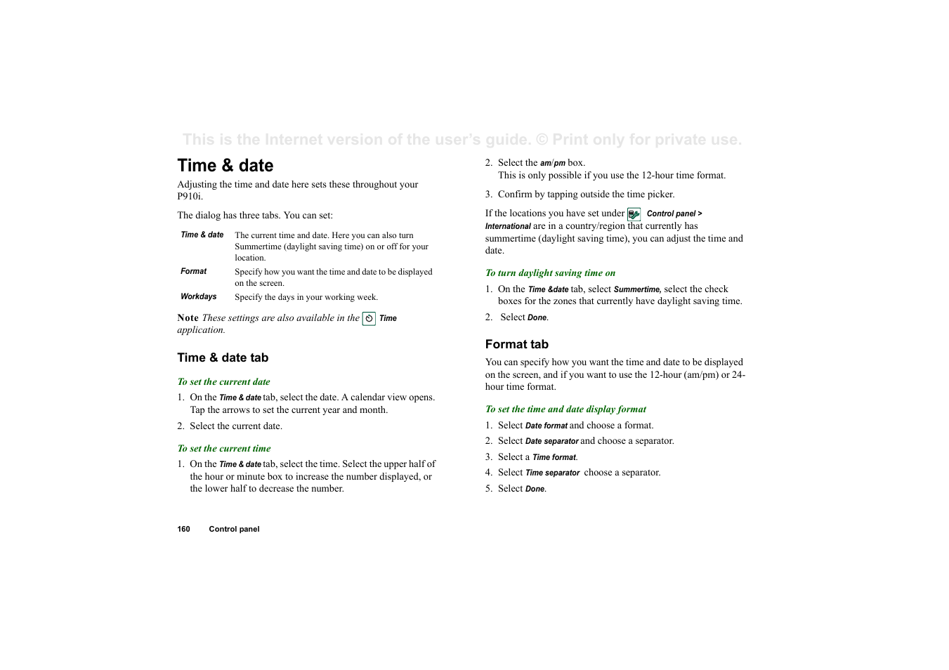 Time & date, Time & date tab, Format tab | Superior P910I User Manual | Page 160 / 211