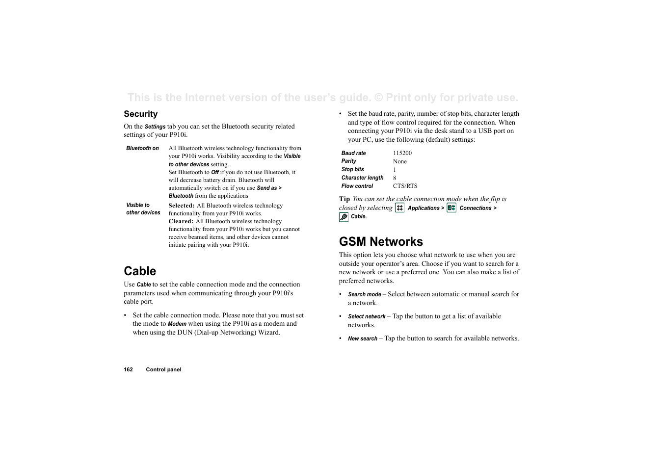 Security, Cable, Gsm networks | Cable gsm networks | Superior P910I User Manual | Page 162 / 211