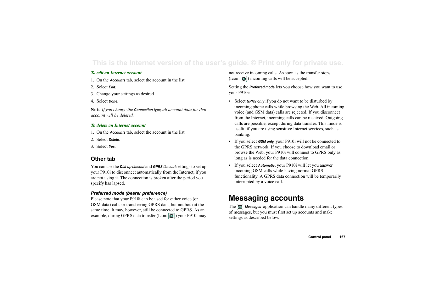 Other tab, Messaging accounts | Superior P910I User Manual | Page 167 / 211