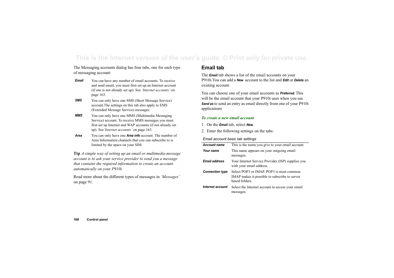 Email tab, Email account basic tab | Superior P910I User Manual | Page 168 / 211