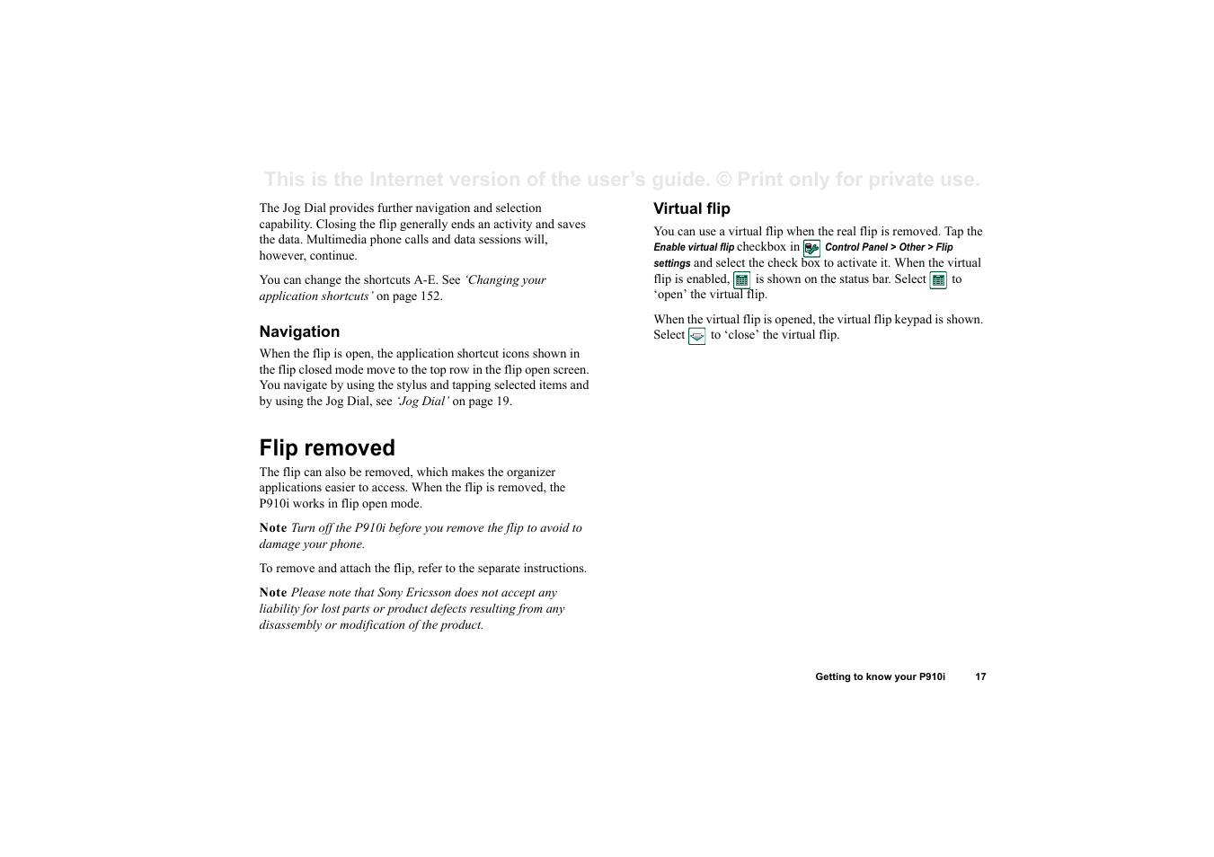 Navigation, Flip removed, Virtual flip | Superior P910I User Manual | Page 17 / 211