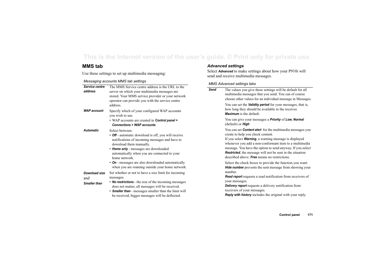 Mms tab | Superior P910I User Manual | Page 171 / 211