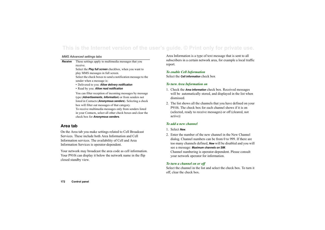 Area tab | Superior P910I User Manual | Page 172 / 211