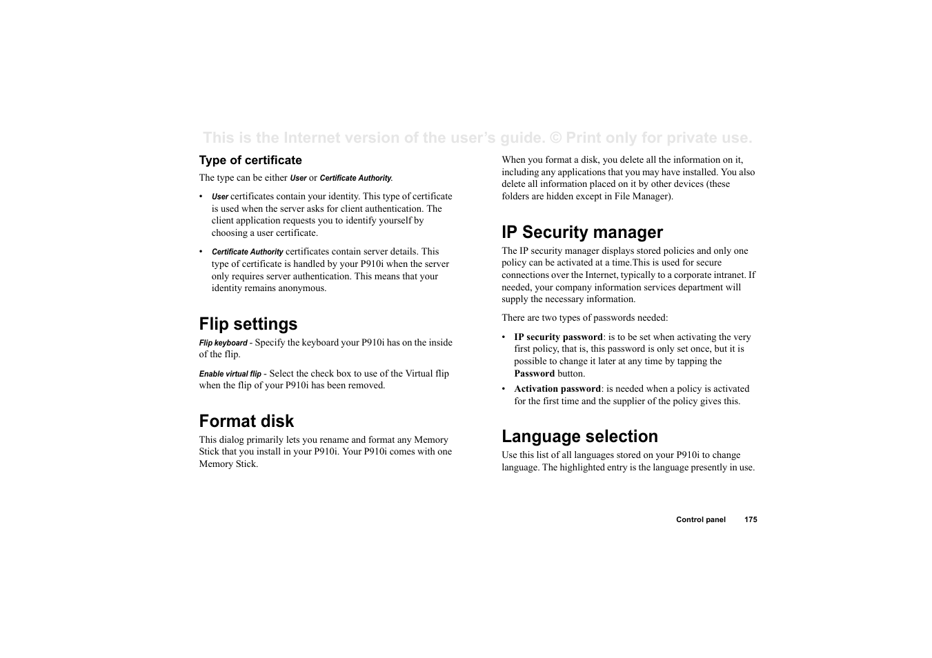 Type of certificate, Flip settings, Format disk | Ip security manager, Language selection | Superior P910I User Manual | Page 175 / 211