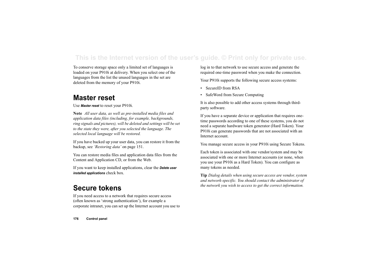 Master reset, Secure tokens, Ion (see ‘secure tokens’ on | Superior P910I User Manual | Page 176 / 211
