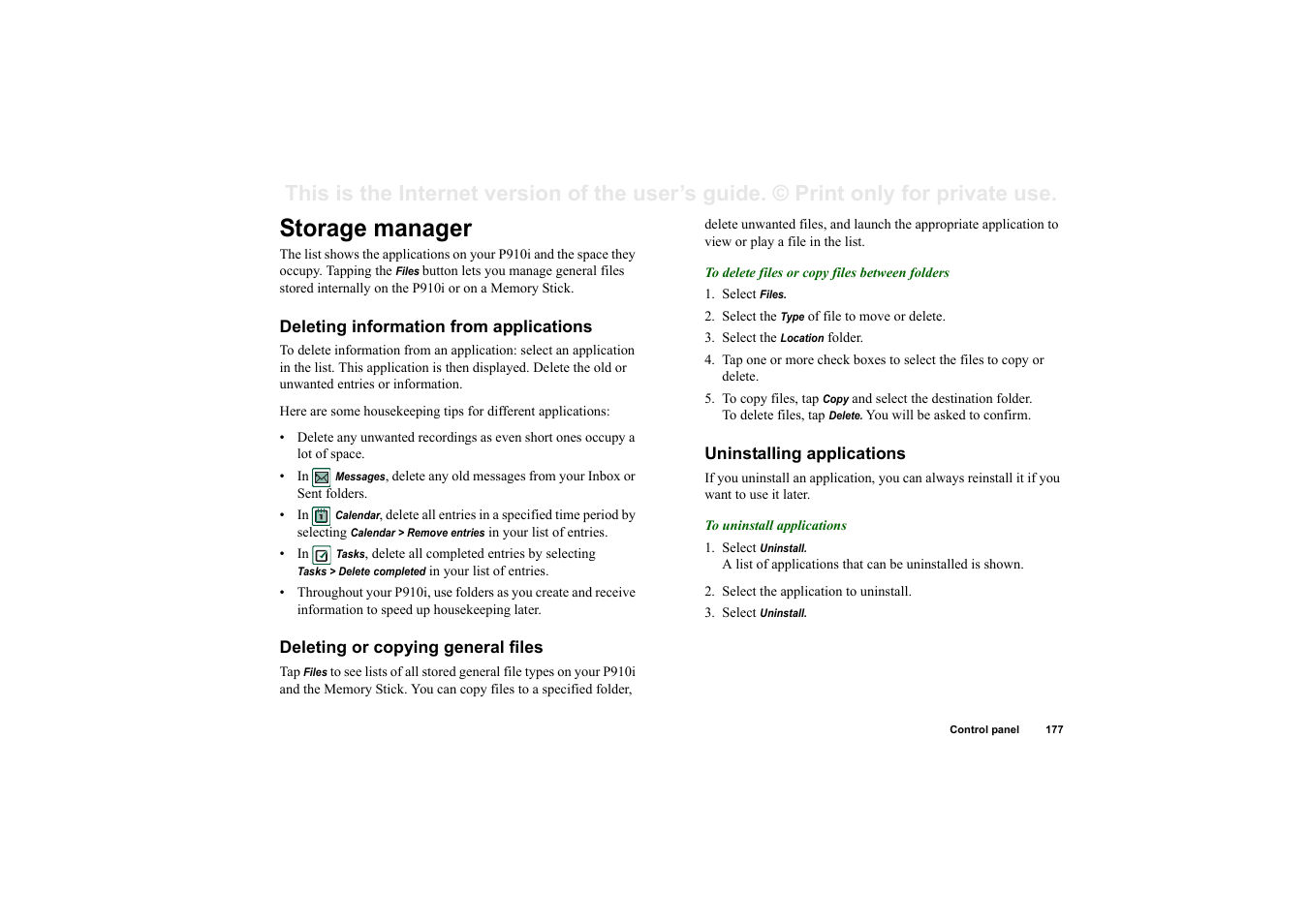 Storage manager, Deleting information from applications, Deleting or copying general files | Uninstalling applications | Superior P910I User Manual | Page 177 / 211