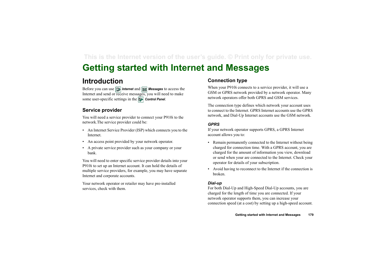 Getting started with internet and messages, Introduction, Service provider | Connection type | Superior P910I User Manual | Page 179 / 211