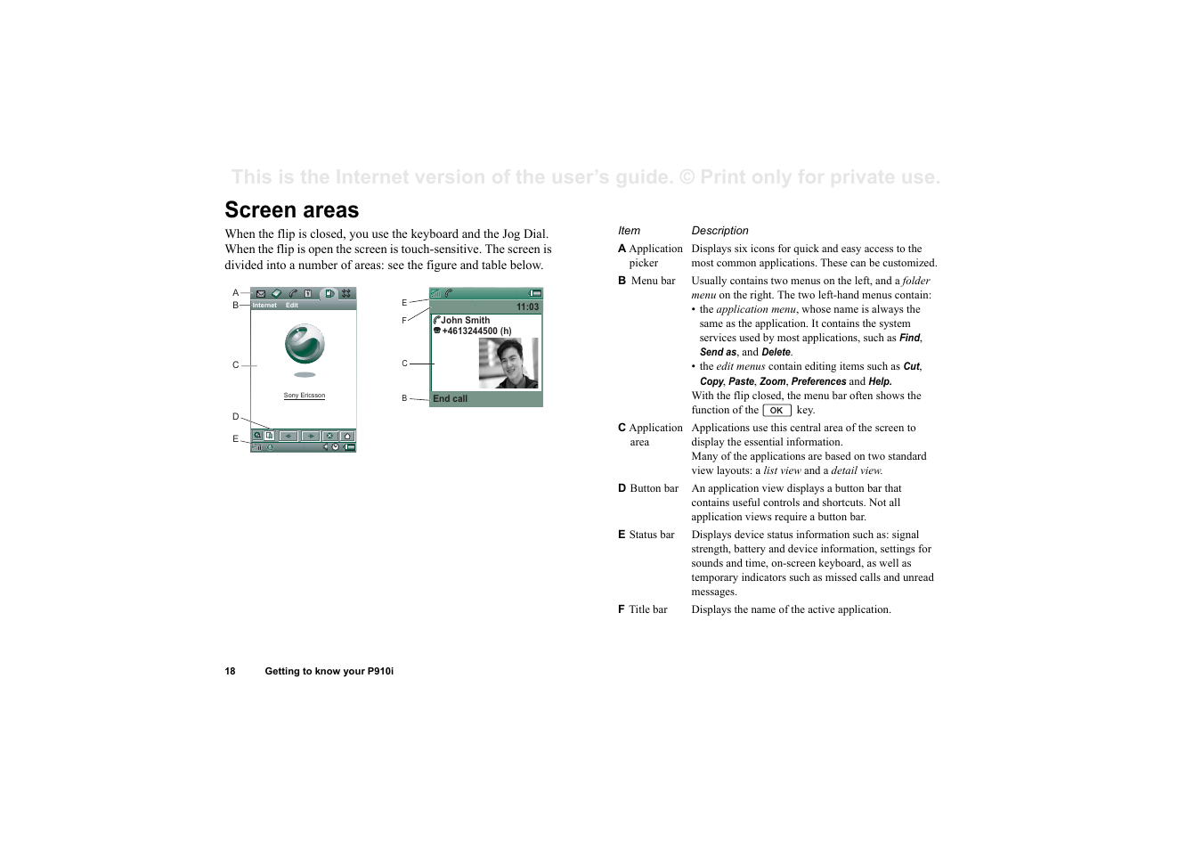 Screen areas | Superior P910I User Manual | Page 18 / 211