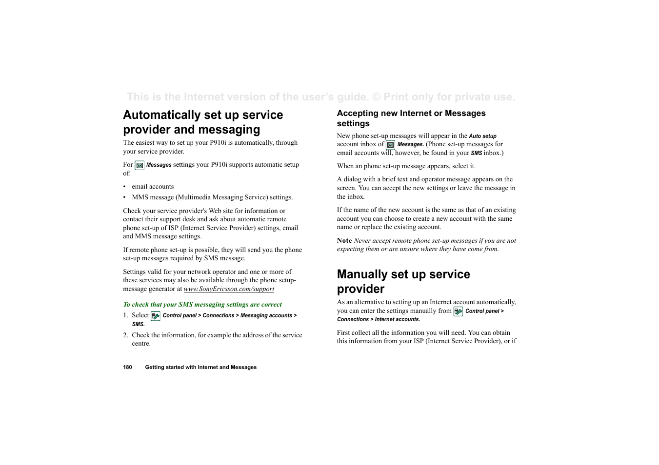 Accepting new internet or messages settings, Manually set up service provider | Superior P910I User Manual | Page 180 / 211