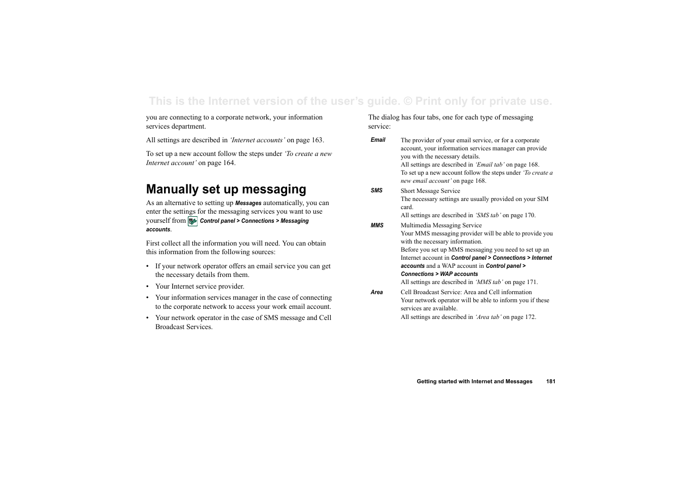 Manually set up messaging | Superior P910I User Manual | Page 181 / 211