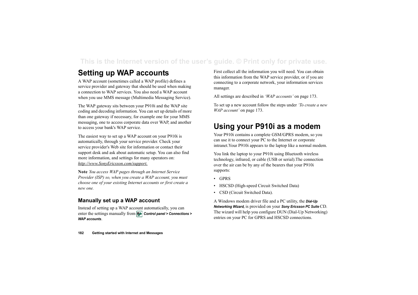 Setting up wap accounts, Manually set up a wap account, Using your p910i as a modem | Superior P910I User Manual | Page 182 / 211