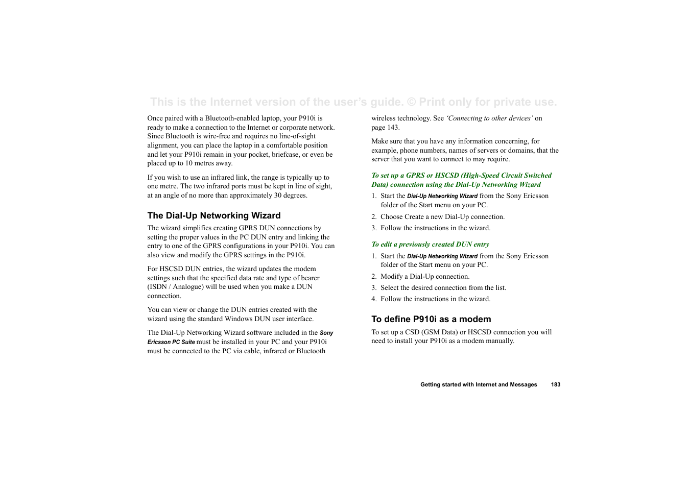 The dial-up networking wizard, To define p910i as a modem | Superior P910I User Manual | Page 183 / 211