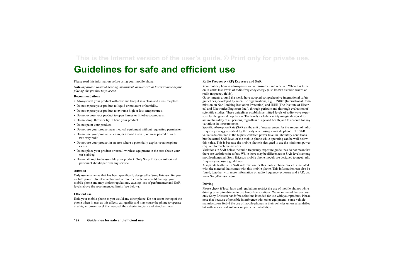 Guidelines for safe and efficient use | Superior P910I User Manual | Page 192 / 211