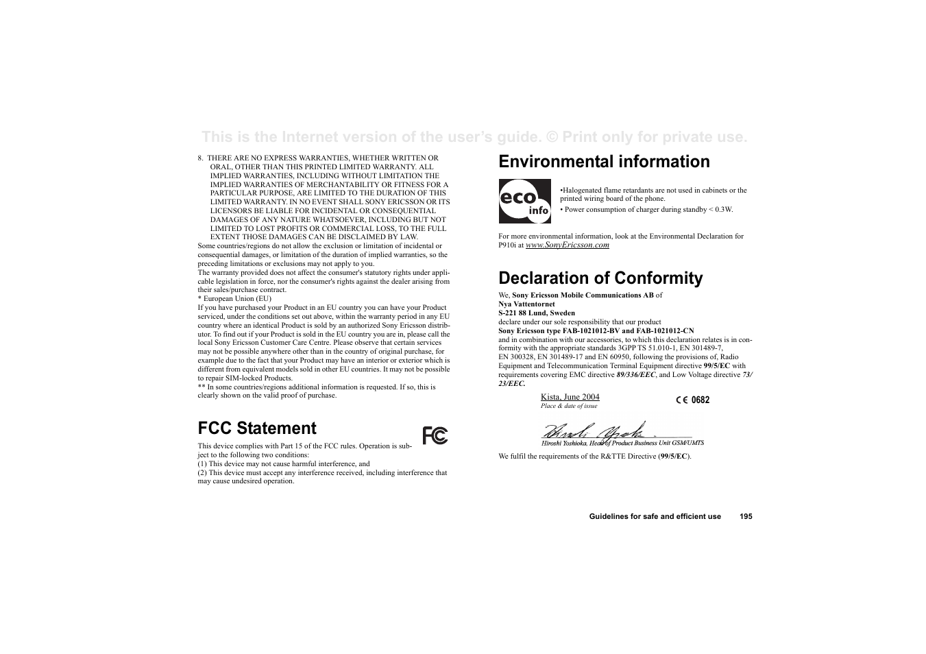 Fcc statement, Environmental information, Declaration of conformity | Superior P910I User Manual | Page 195 / 211