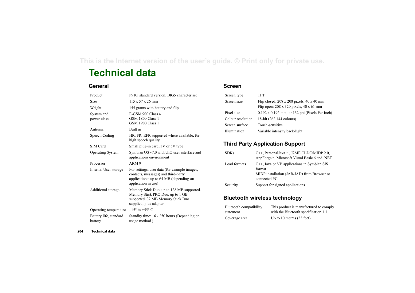 Technical data, General, Screen | Third party application support, Bluetooth wireless technology | Superior P910I User Manual | Page 204 / 211