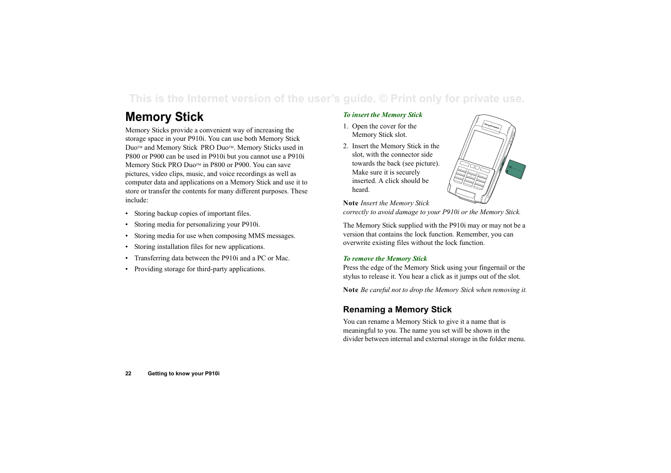 Memory stick, Renaming a memory stick, Mem ory stic k d uo | Superior P910I User Manual | Page 22 / 211