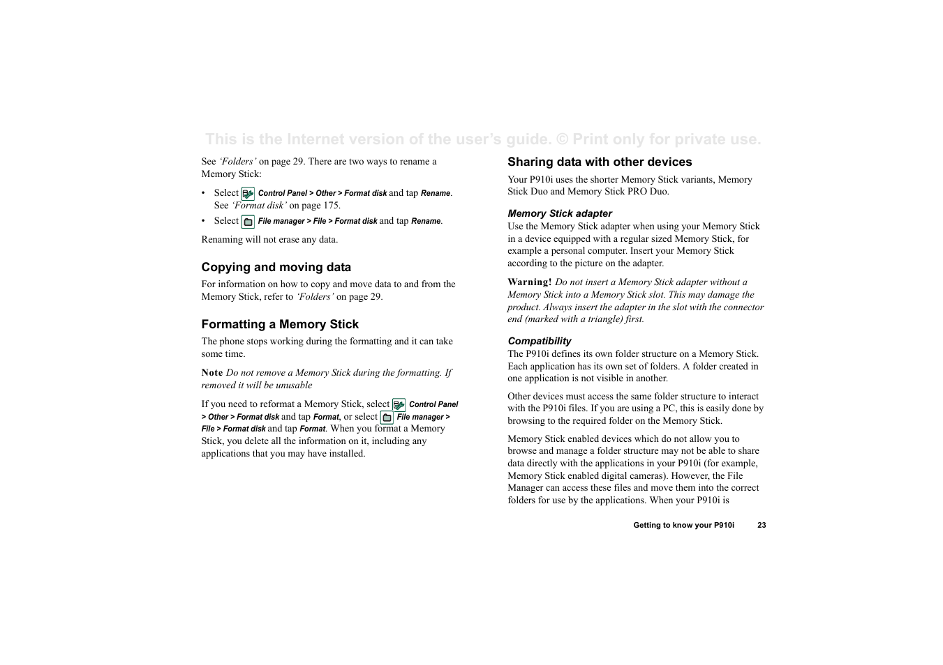 Copying and moving data, Formatting a memory stick, Sharing data with other devices | Superior P910I User Manual | Page 23 / 211