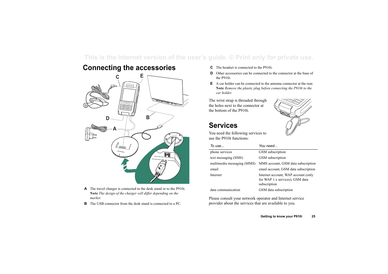 Connecting the accessories, Services, Connecting the accessories services | Superior P910I User Manual | Page 25 / 211