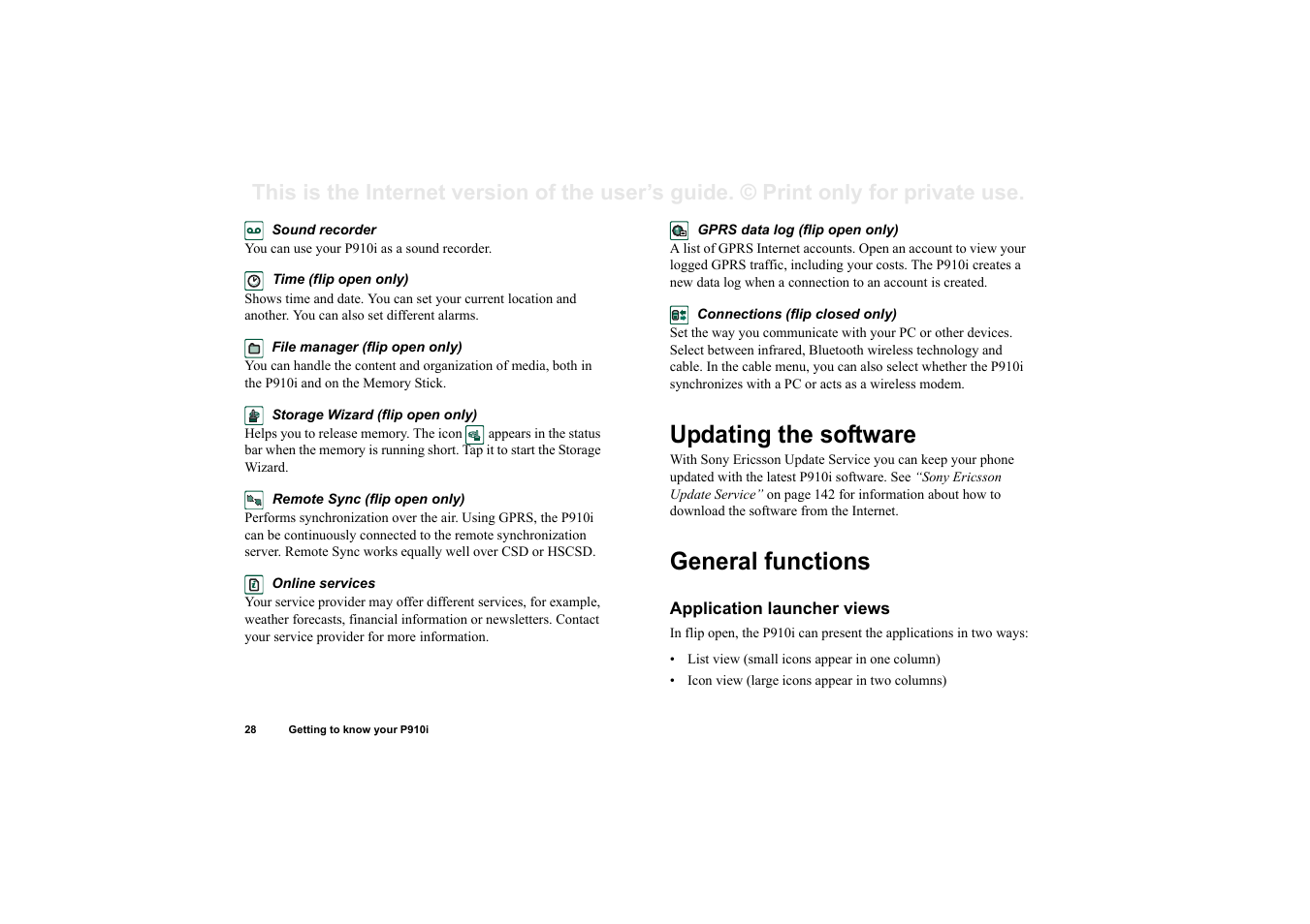 Updating the software, General functions, Application launcher views | Updating the software general functions | Superior P910I User Manual | Page 28 / 211
