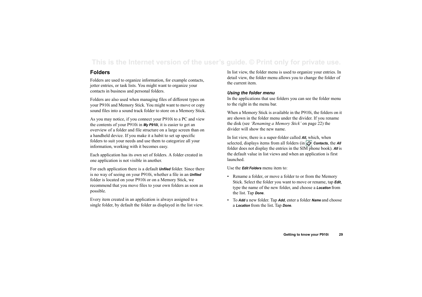 Folders | Superior P910I User Manual | Page 29 / 211