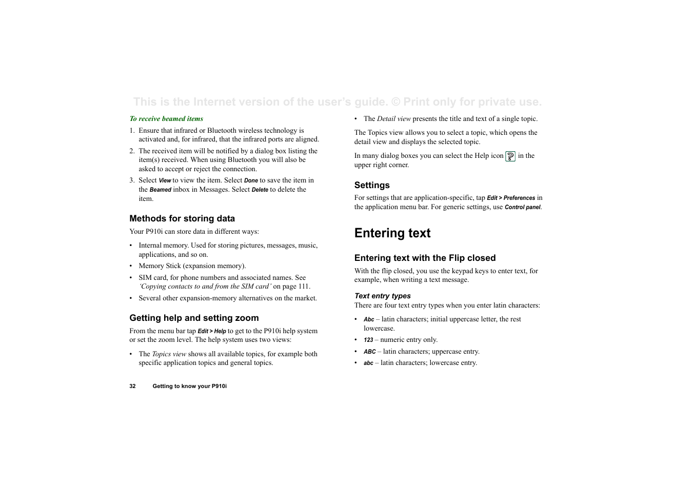Methods for storing data, Getting help and setting zoom, Settings | Entering text, Entering text with the flip closed | Superior P910I User Manual | Page 32 / 211