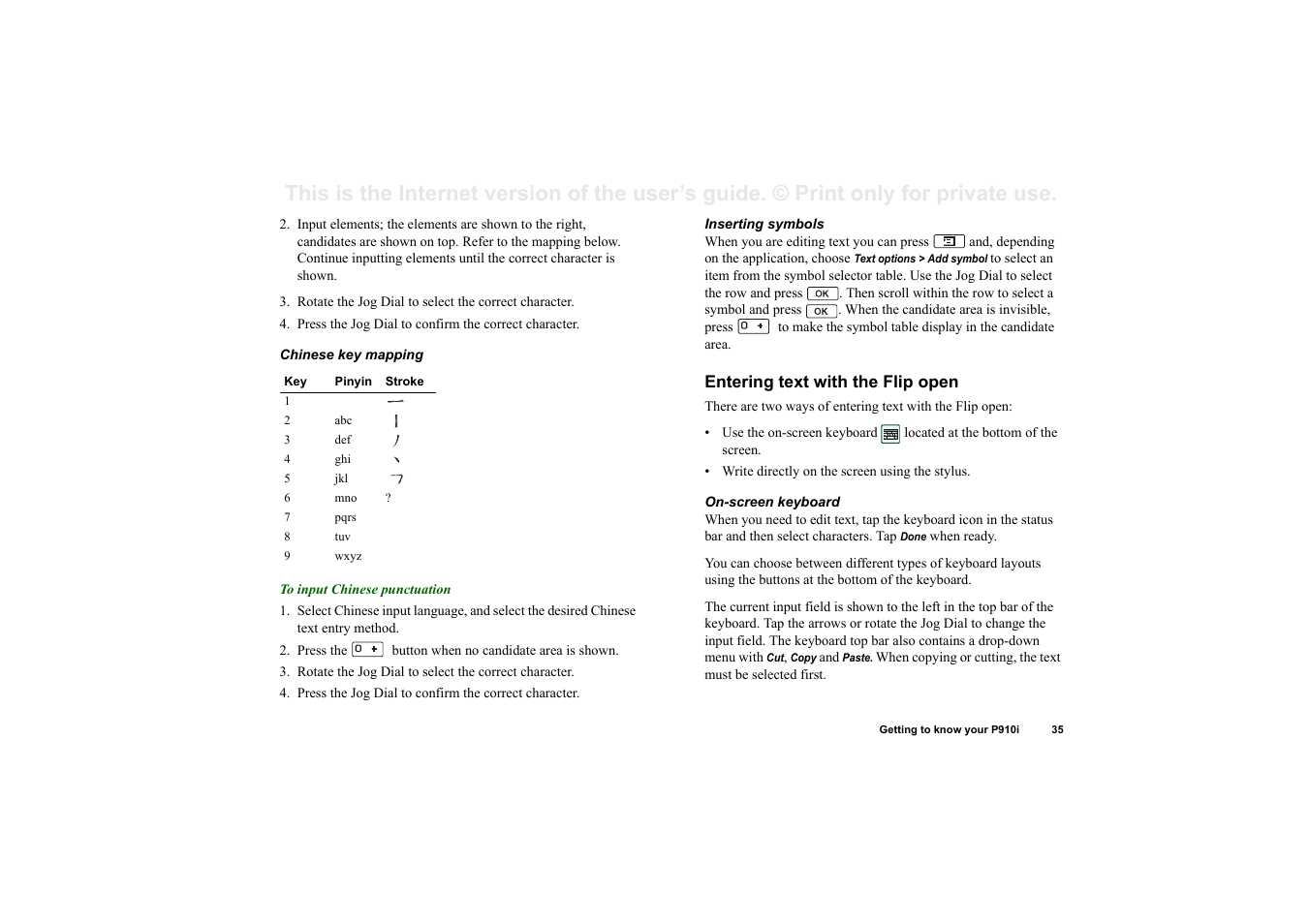 Entering text with the flip open | Superior P910I User Manual | Page 35 / 211