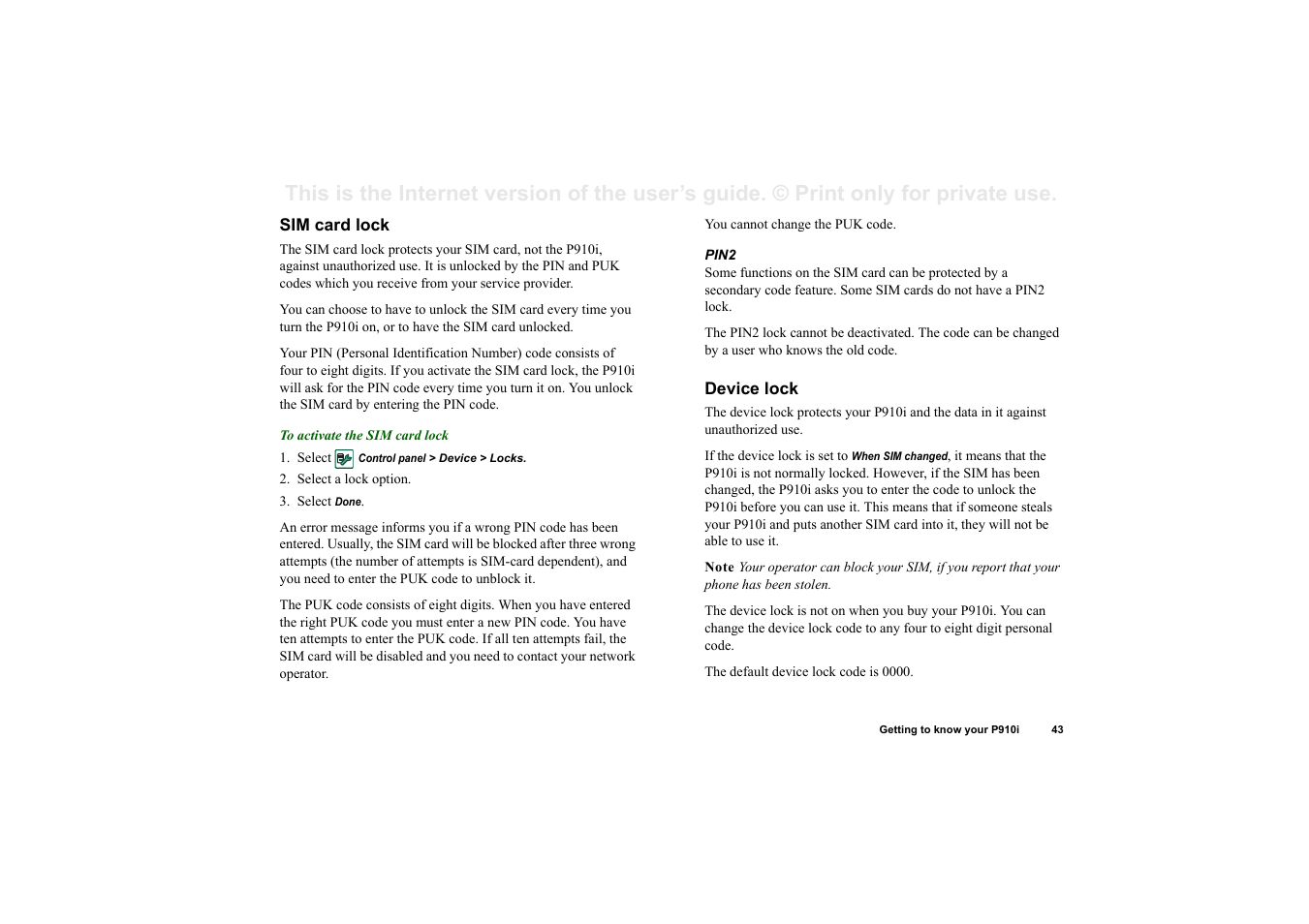 Sim card lock, Device lock | Superior P910I User Manual | Page 43 / 211