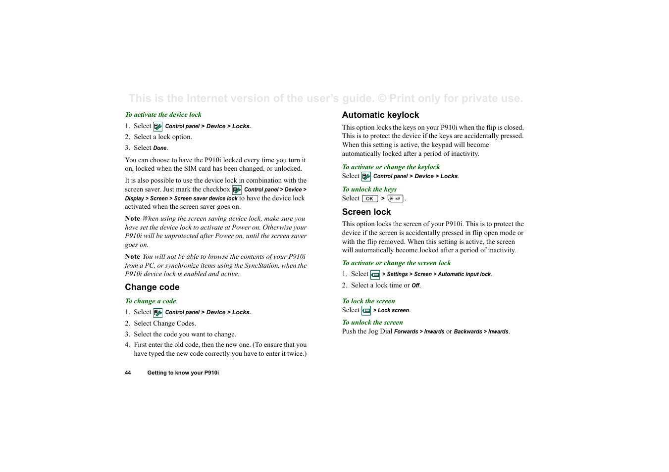 Change code, Automatic keylock, Screen lock | Superior P910I User Manual | Page 44 / 211