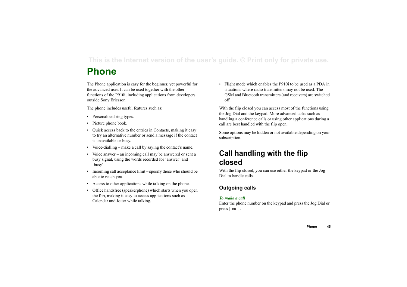 Phone, Call handling with the flip closed, Outgoing calls | Superior P910I User Manual | Page 45 / 211