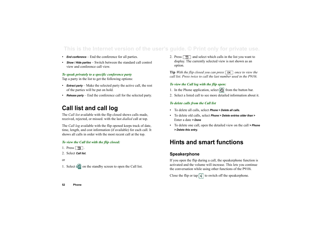 Call list and call log, Hints and smart functions, Speakerphone | Call list and call log hints and smart functions | Superior P910I User Manual | Page 52 / 211