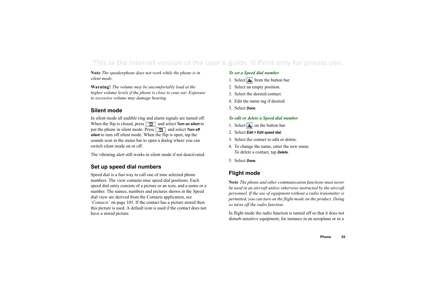 Silent mode, Set up speed dial numbers, Flight mode | Superior P910I User Manual | Page 53 / 211