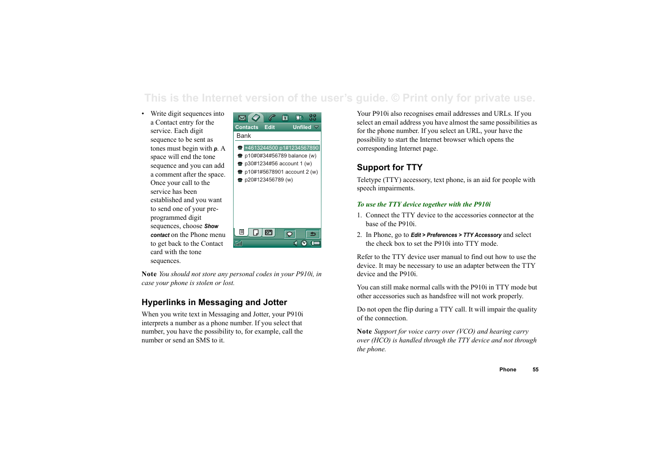 Hyperlinks in messaging and jotter, Support for tty | Superior P910I User Manual | Page 55 / 211