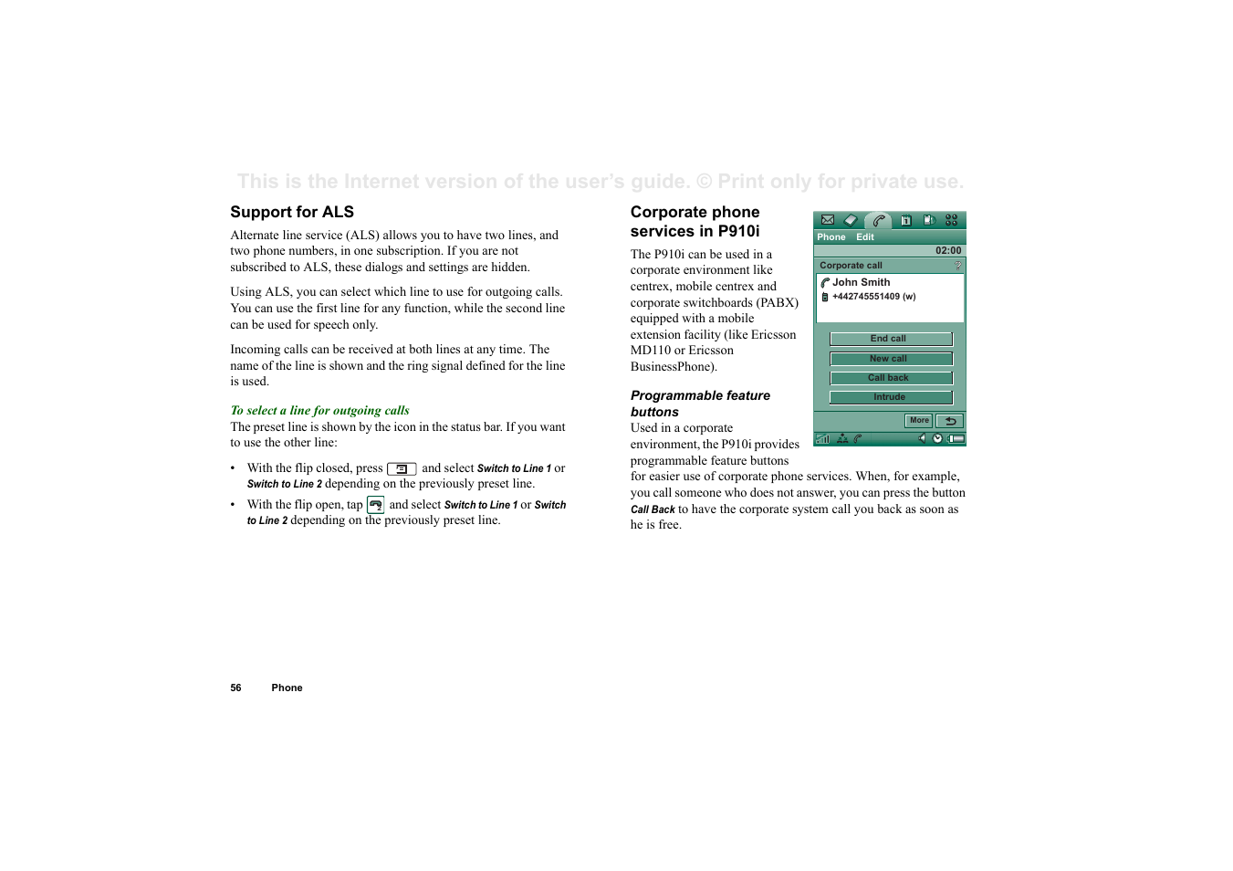Support for als, Corporate phone services in p910i | Superior P910I User Manual | Page 56 / 211