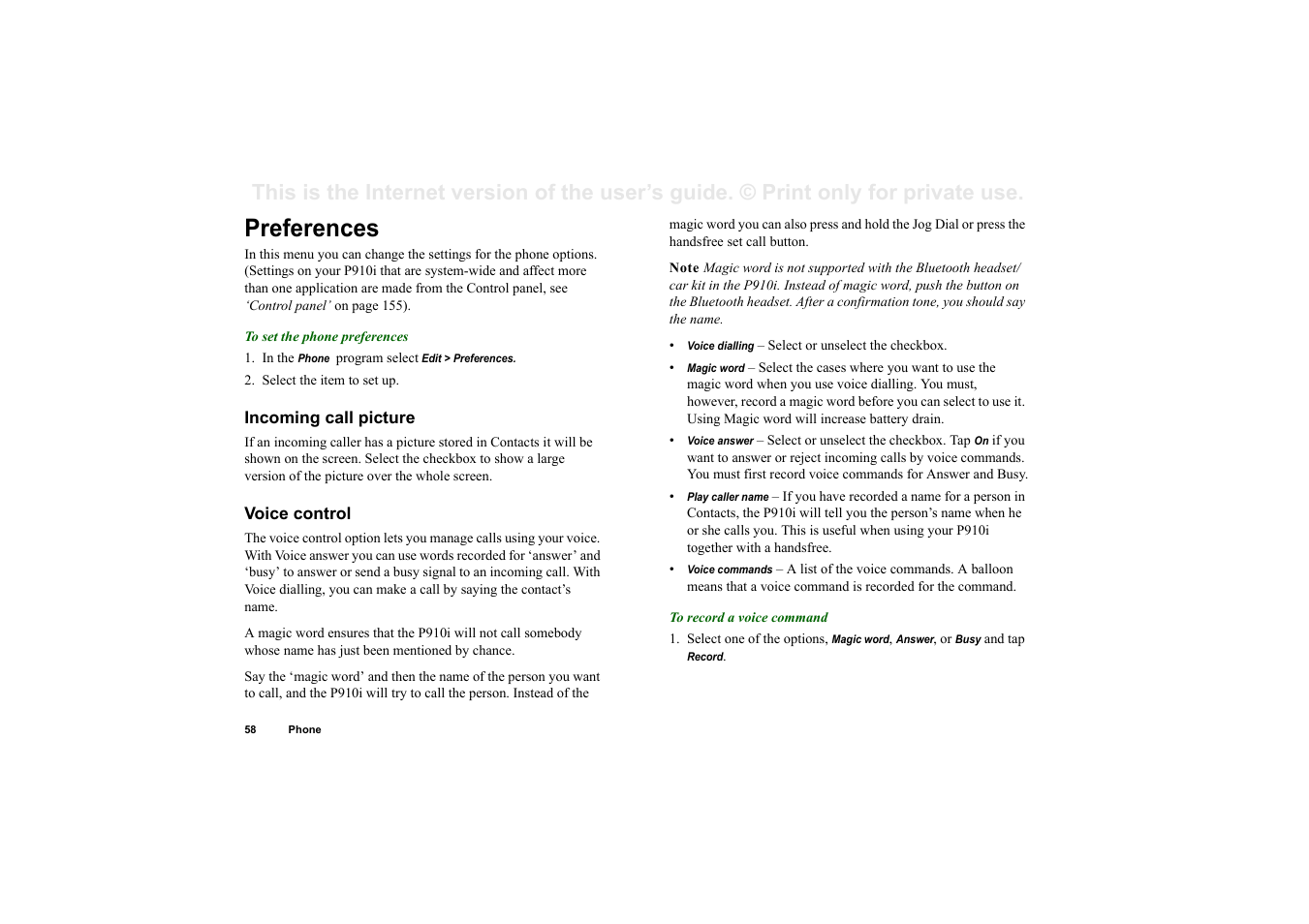 Preferences, Incoming call picture, Voice control | Superior P910I User Manual | Page 58 / 211