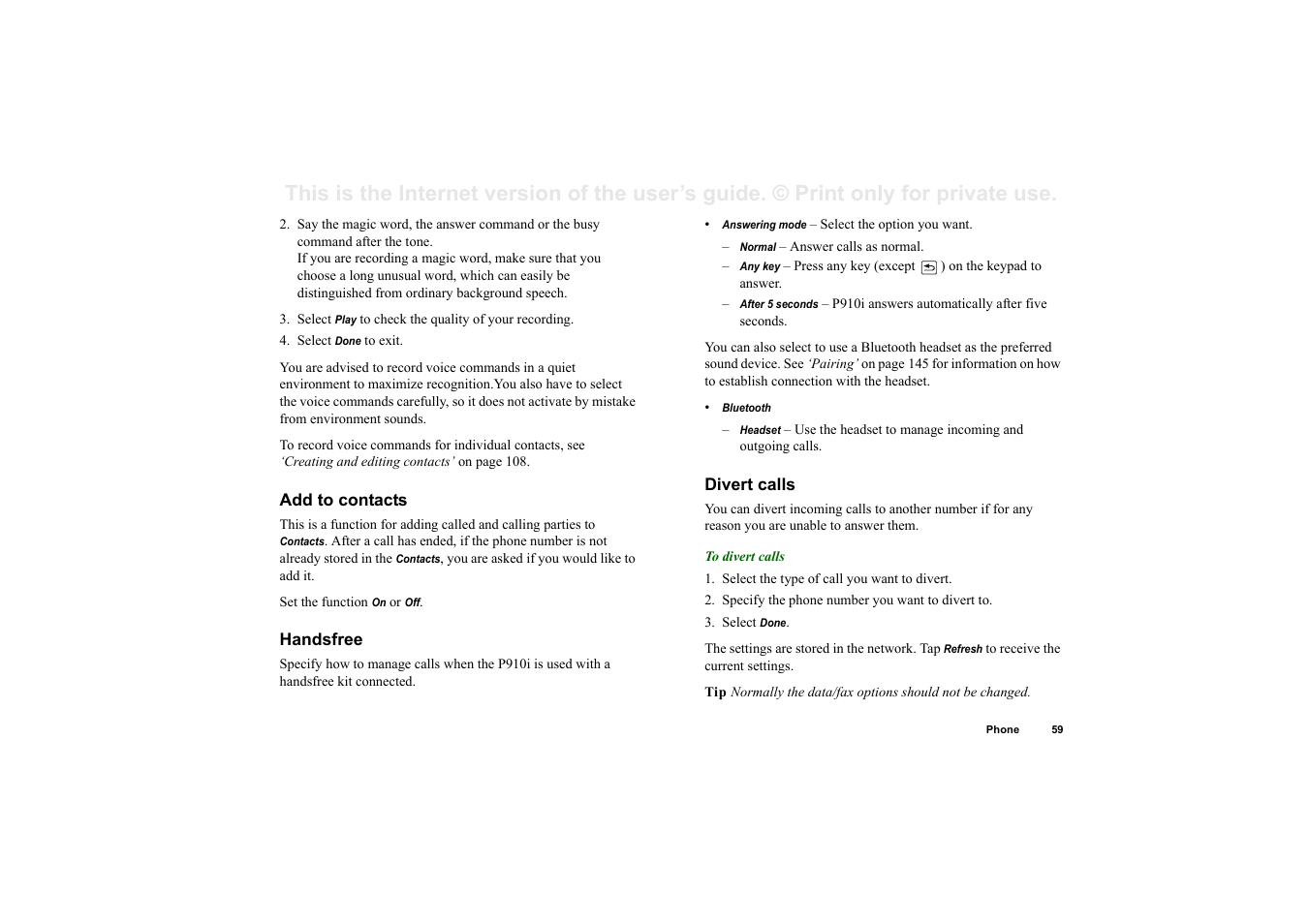Add to contacts, Handsfree, Divert calls | Superior P910I User Manual | Page 59 / 211