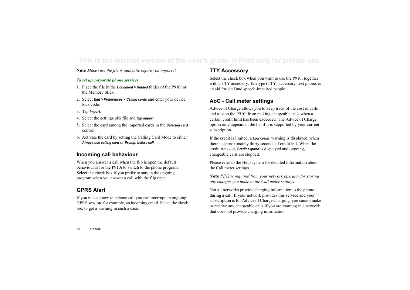 Incoming call behaviour, Gprs alert, Tty accessory | Aoc - call meter settings | Superior P910I User Manual | Page 62 / 211