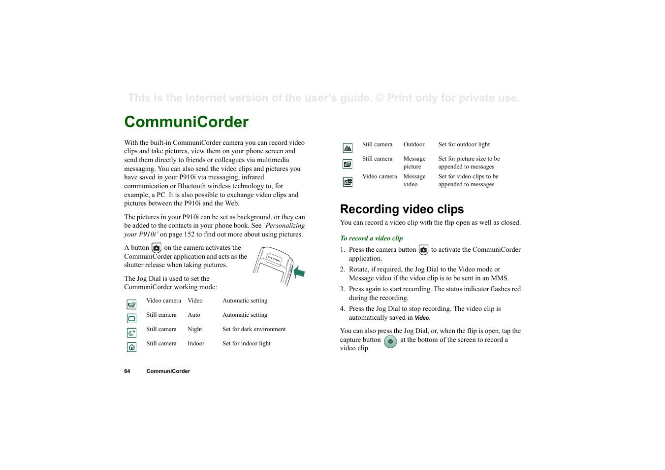 Media, Communicorder, Recording video clips | Edia | Superior P910I User Manual | Page 64 / 211