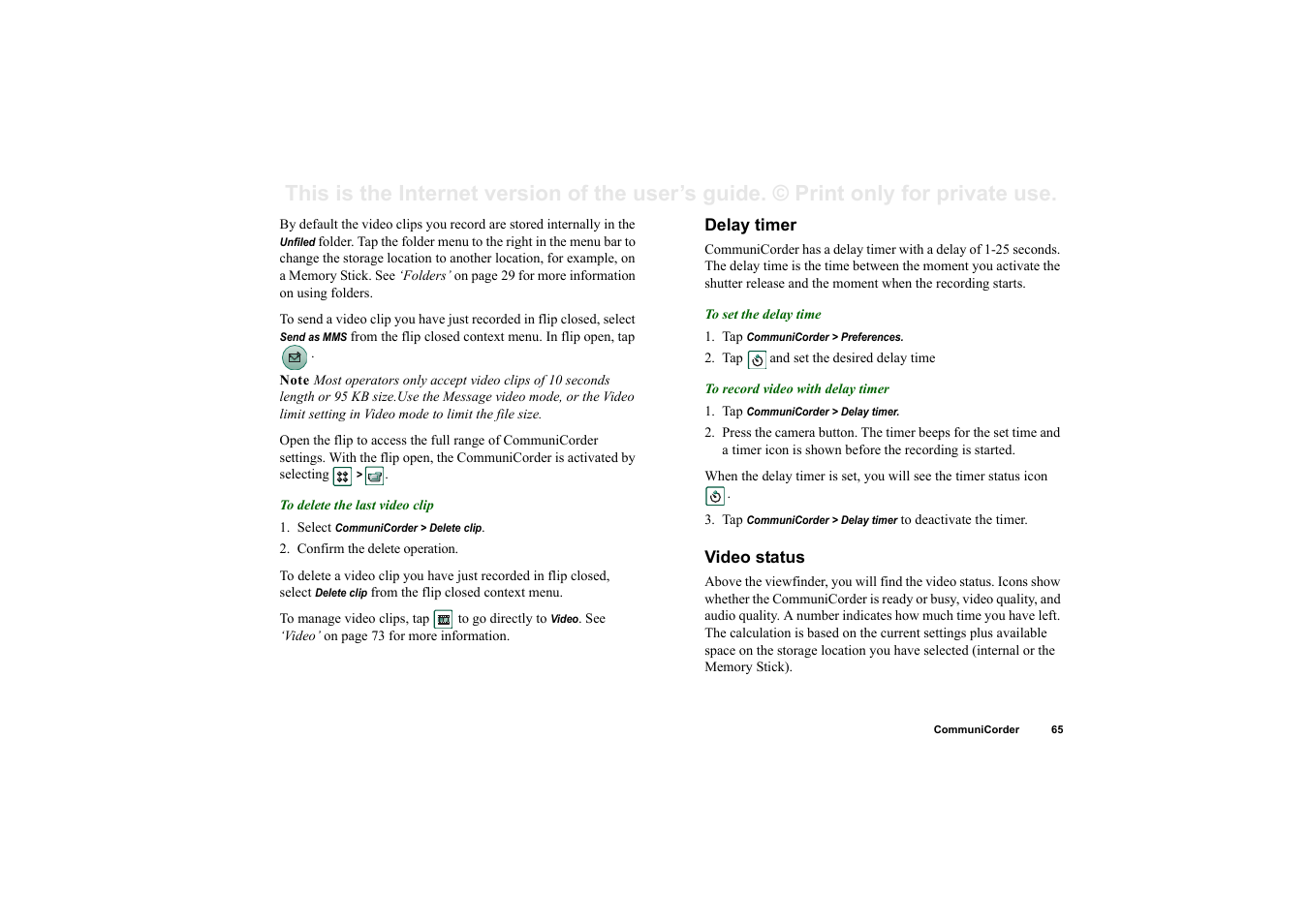 Delay timer, Video status | Superior P910I User Manual | Page 65 / 211