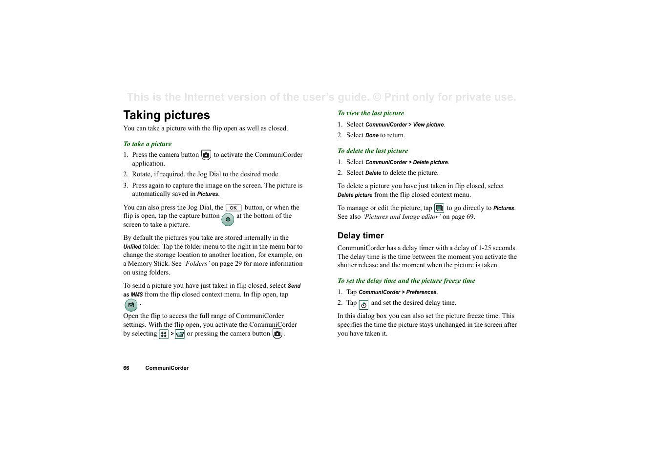 Taking pictures, Delay timer | Superior P910I User Manual | Page 66 / 211