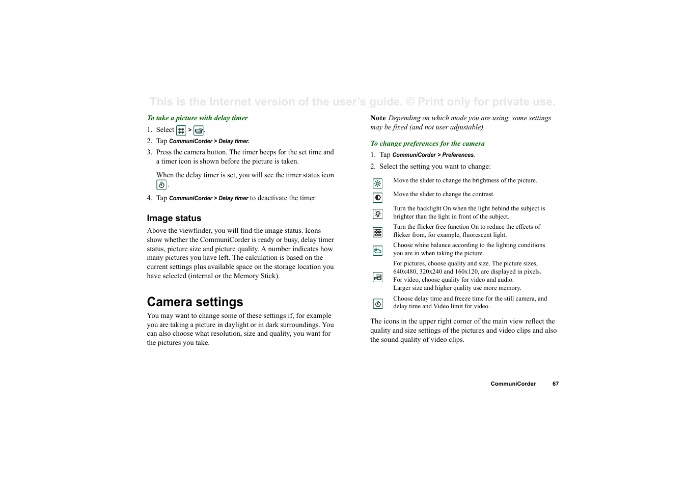 Image status, Camera settings | Superior P910I User Manual | Page 67 / 211