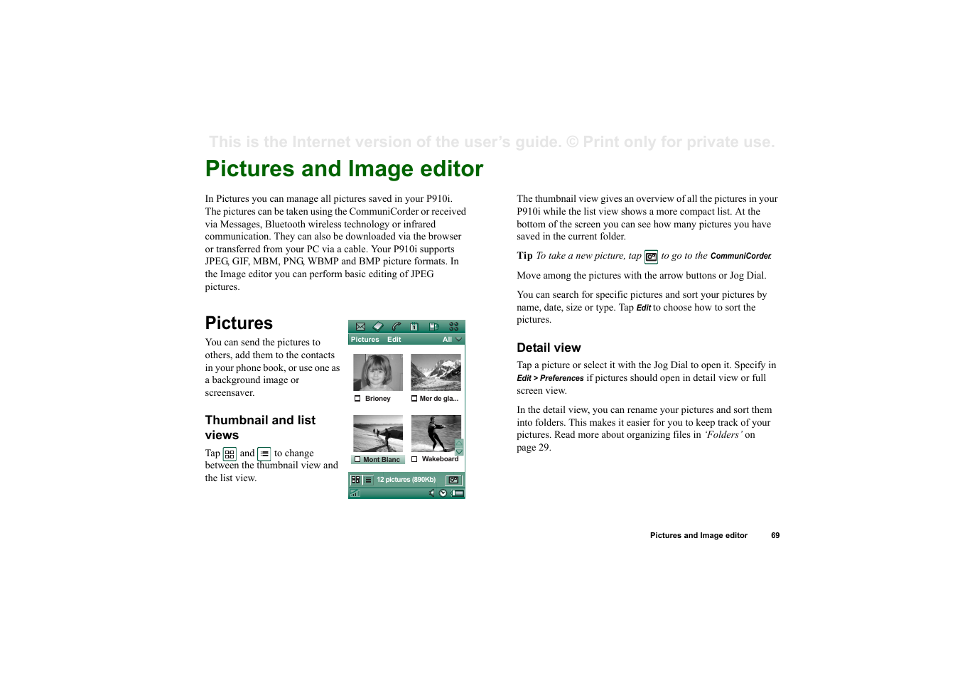Pictures and image editor, Pictures, Thumbnail and list views | Detail view | Superior P910I User Manual | Page 69 / 211